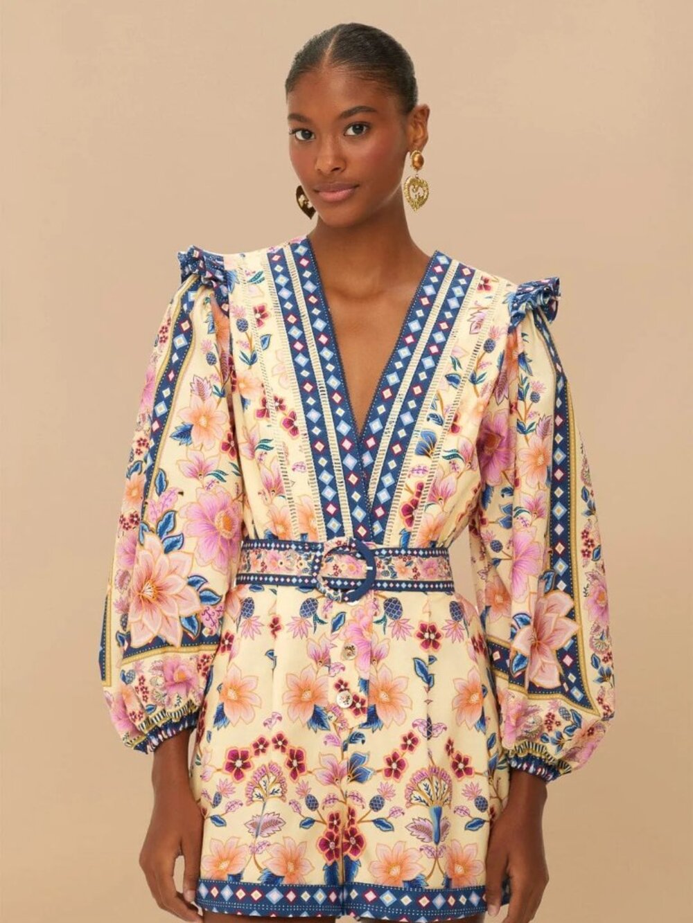 Farm Rio Romper Cream Beige/Multi Superbloom Tapestry V-Neckline NWT Womens S
